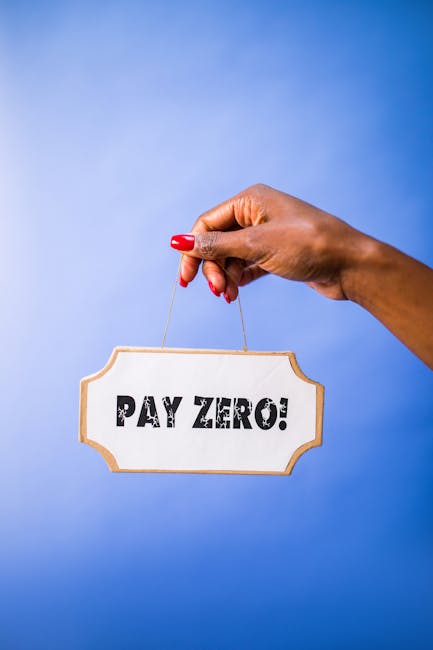 A hand with red painted nails is holding a small, rectangular sign with a wooden border and a string, displaying the message 'PAY ZERO!' in bold black letters. The background is a solid, light blue co