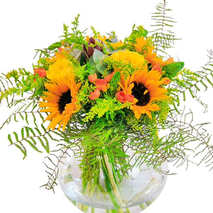 With its exuberant medley of sunflowers, golden garden roses, and lively berries, this bouquet seems to capture the heart of Longford's sunniest days and rural spirit. Arranged with flourish in a rounded, fishbowl-style glass vase, the display is illuminated by bold sunflowers whose radiant petals arc outward and whose deep brown centres provide a striking visual anchor-echoing the golden fields that fringe suburban Longford. Velvety yellow roses spiral open beside them, their full, generous blooms lending the bouquet an air of classic sophistication. Pops of glossy, ruby-red hypericum berries are playfully tucked throughout, like sweet discoveries along a garden path not far from Minet Country Park. Cascading ferns and textured greenery, including goldenrod with its airy clusters of tiny yellow flowers, envelop the bouquet in lush movement and depth, reminiscent of the riverside thickets along the Grand Union Canal. Hints of silvery eucalyptus bring a cool contrast, softening the composition. Through the crystal-clear water of the vase, vibrant green stems interlace, underscoring the freshness and artistry of the arrangement. The overall presentation evokes celebration-perfect for a special occasion, as a thoughtful surprise for a loved one, or as a centerpiece that brings a little of Longford's countryside charm right into the home. The bouquet's gentle scent and cheerful palette make it a favorite choice for local gatherings and heartfelt memories.