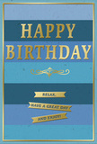 This birthday card is captured in a way that highlights its calm, contemporary design, ideal for a relaxed celebration in Longford. The front is built from broad, horizontal stripes in tonal blues, each band shifting in depth from intense navy through rich marine and teal to gentler sky and powder blues, giving the surface a layered, almost musical rhythm. In the centre, the message HAPPY BIRTHDAY appears in generously sized, embossed gold capitals, the metallic lettering catching and reflecting light so it seems to glow softly against the cooler background. The raised texture of the text would feel smooth beneath the fingers, emphasising the sense of quality. Beneath the main greeting, a refined gold flourish unfurls, like a decorative motif from a classic invitation, adding a note of tradition and grace. Just below this flourish, three slender golden banners descend one under another, each ribbon holding part of a friendly message that reads in full: Relax, have a great day and enjoy! Their gently shimmering finish stands out against the layered blues, almost like sunbeams breaking through cloud. A narrow gold frame runs right around the perimeter of the card, neatly containing the design and giving it a polished, gift-ready appearance. It is easy to picture this card standing beside a hand-tied bouquet from Flower Delivery Longford, perhaps set on a bedside table or hall console, where its blue and gold tones echo the calm, thoughtful mood of the occasion. The overall impression is one of peaceful celebration: modern, tasteful, and quietly joyful.